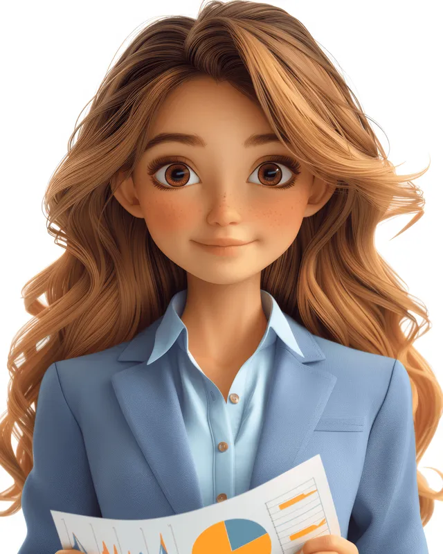 A 3D cartoon businesswoman in a blue suit holds a pie chart facing forward on a white background.