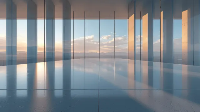 Sunlit glass-walled interior with vertical concrete columns and reflections on a smooth empty floor.