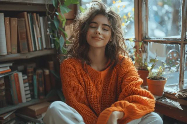 Smiling woman meditates near a bright window with books and potted plants in a cozy apartment.