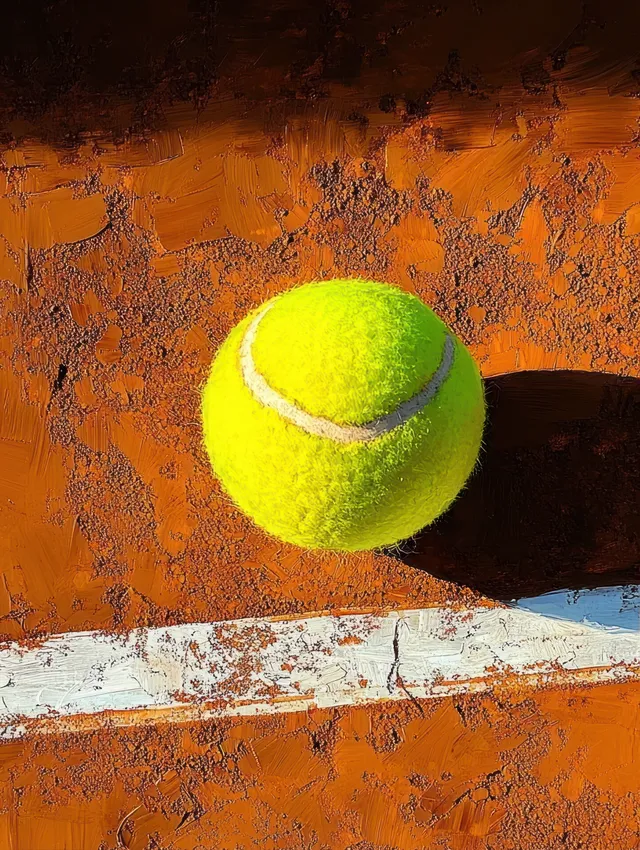 A yellow tennis ball rests on a red clay court near a white boundary line with a sharp shadow.