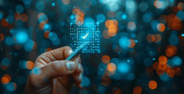 Hand marking a quality checklist with pen over futuristic data grid