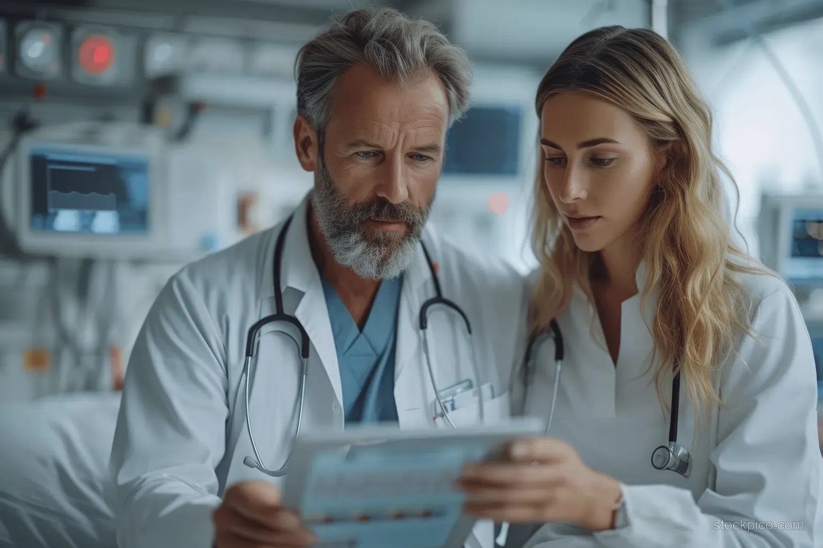 A doctor and patient discuss obesity health notes in a clinic while holding a tablet.