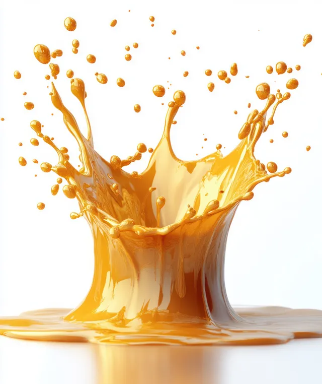 Split fish oil capsule releasing golden liquid in a splash pattern on a white background.