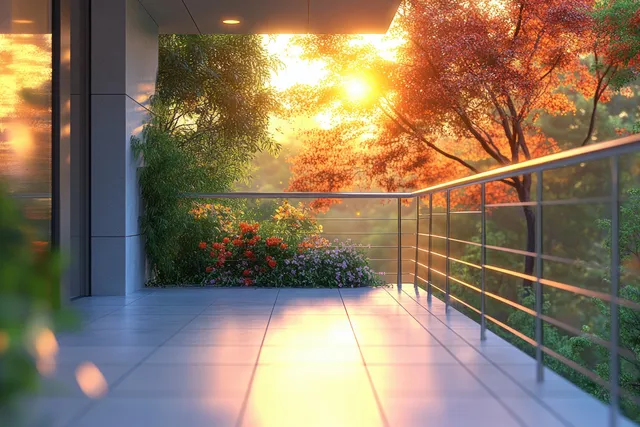 Sunlit balcony walkway with aluminum railings, potted greenery, and warm trees in the background.