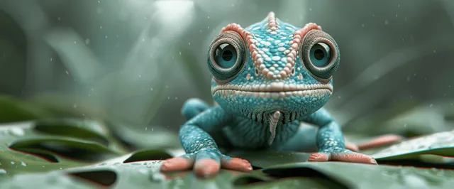 Cartoon chameleon with big eyes resting on a leaf, green background with Forest And Rainforest