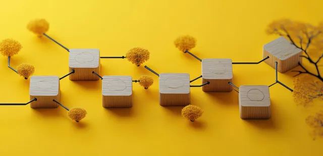 Bright yellow network diagram with wooden nodes and tree-like connections illustrating connectivity and data flow.