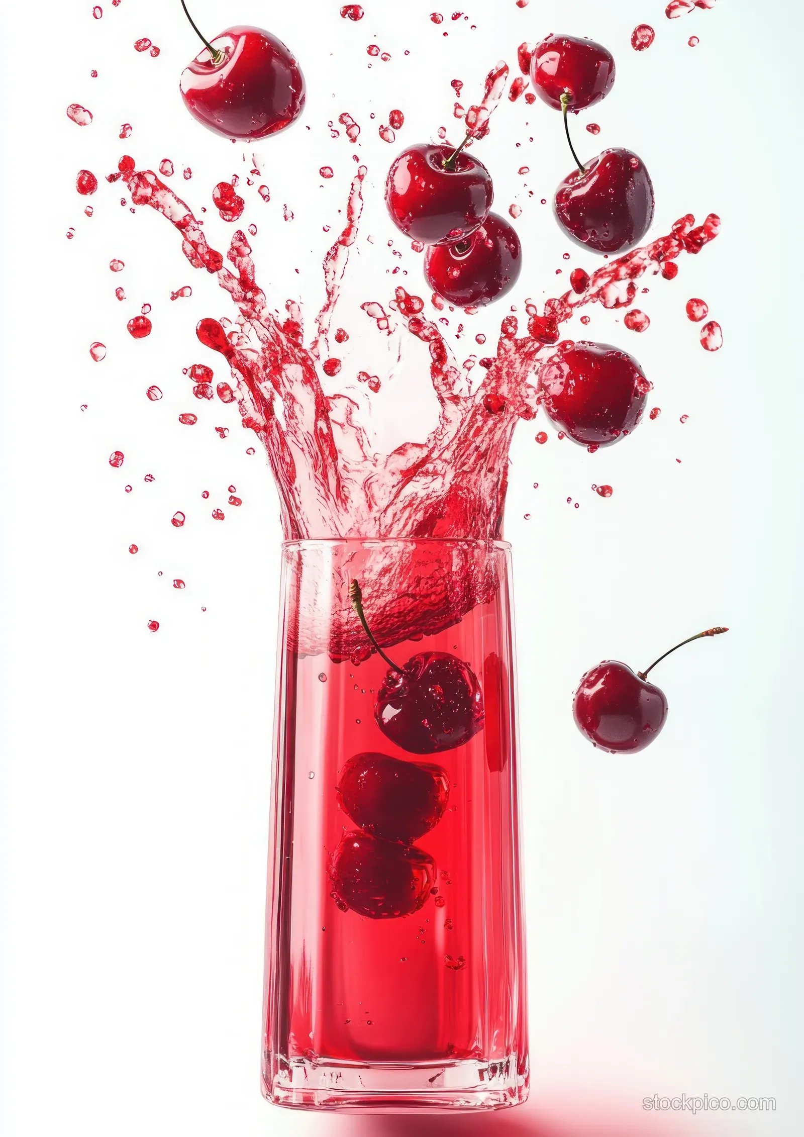 Red cherry juice splashes from a glass while cherries fly upward on a clean white background.