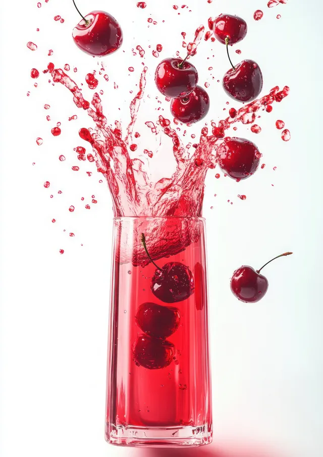 Red cherry juice splashes from a glass while cherries fly upward on a clean white background.
