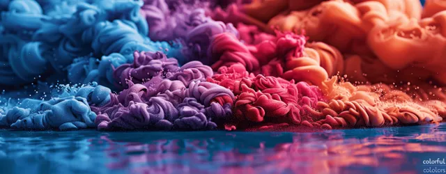Rainbow paint splashes across a blue surface, forming colorful 3D text-like letter shapes.