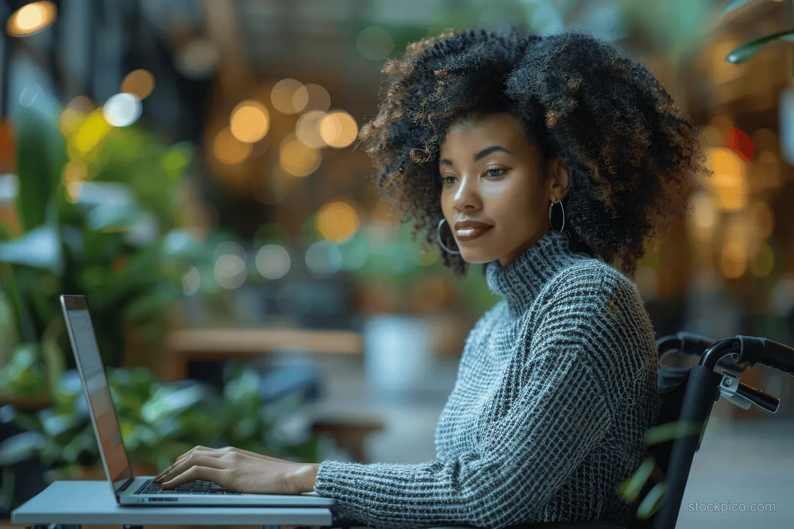 Woman with curly hair types on a laptop at a home office desk with indoor plants in warm background light.