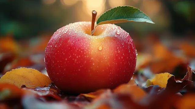 A red apple with water droplets and a green leaf sits on autumn leaves in warm soft light.