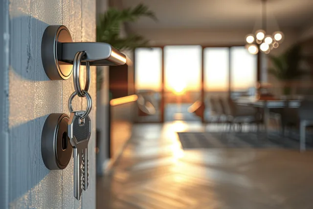 Apartment entryway keys hanging on a door handle with sunlit kitchen dining beyond