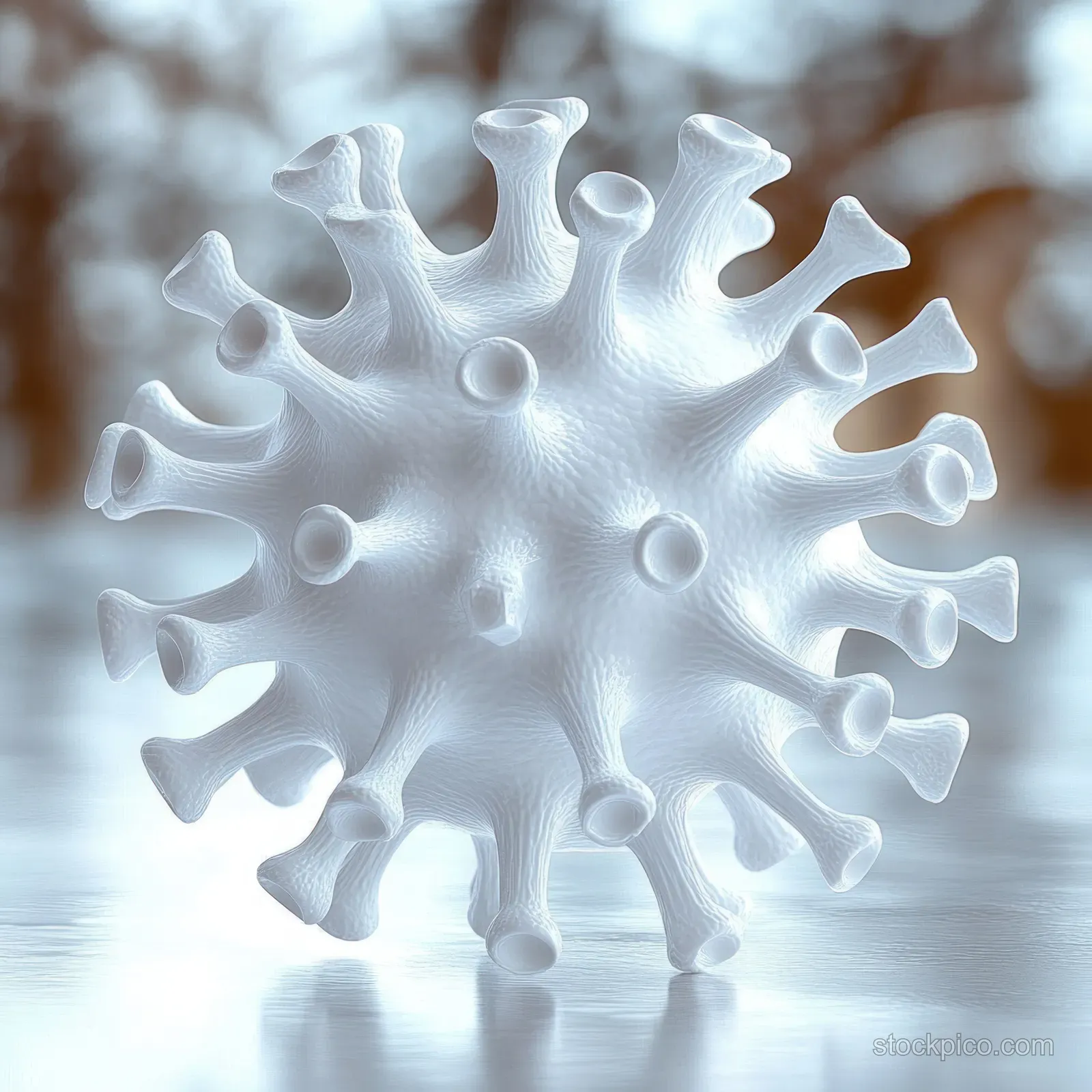 White 3D virus sphere with spike protrusions on a glossy reflective surface against a blurred background.