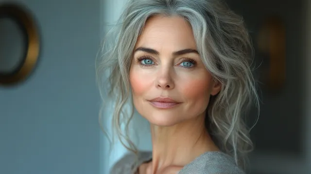 Middle-aged woman in bathrobe applying skincare serum, soft blue studio background, radiant complexion