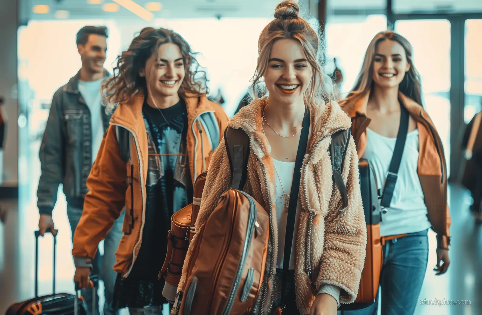 Young friends joyfully walk through an airport lounge with suitcases, embodying summer travel vibes and camaraderie.