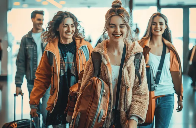 Young friends joyfully walk through an airport lounge with suitcases, embodying summer travel vibes and camaraderie.