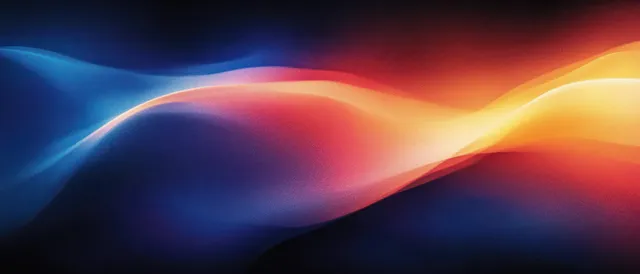 Vibrant flowing light lines sweep across a dark blue and orange abstract gradient backdrop