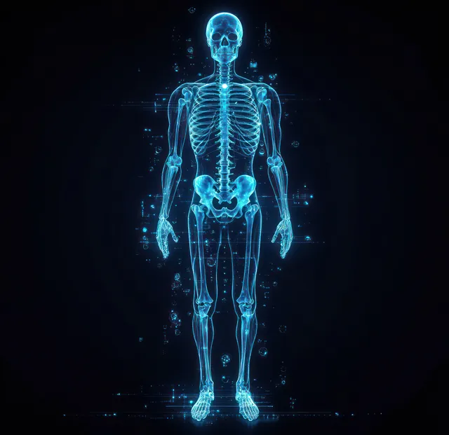Glowing blue digital skeleton with holographic data overlays standing on a dark background.