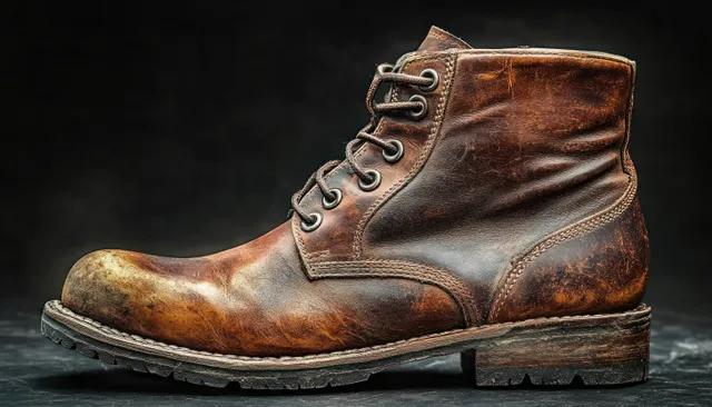 Worn brown lace-up leather boot with scuffed leather grain and rugged sole on a dark background.