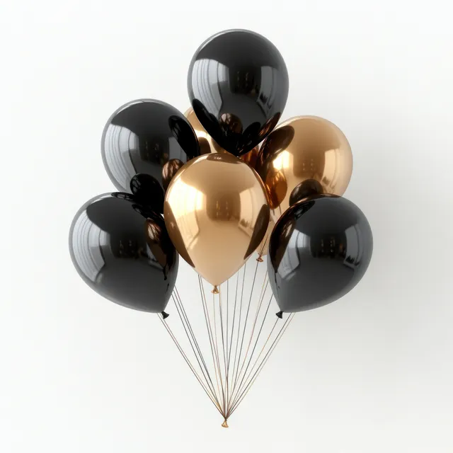 Black and gold glossy balloons clustered with thin strings on white background