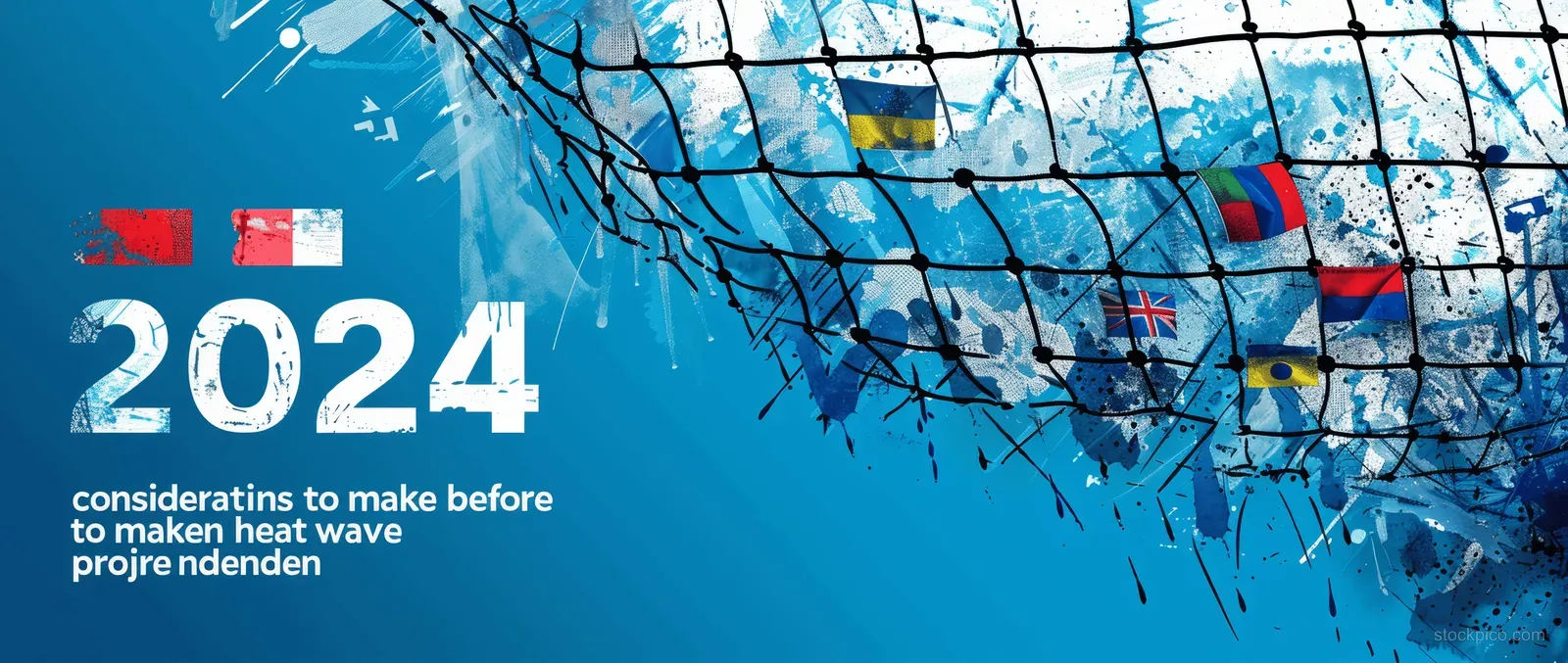 A blue 2024 soccer banner with a cracked goal net and surrounding country flags.