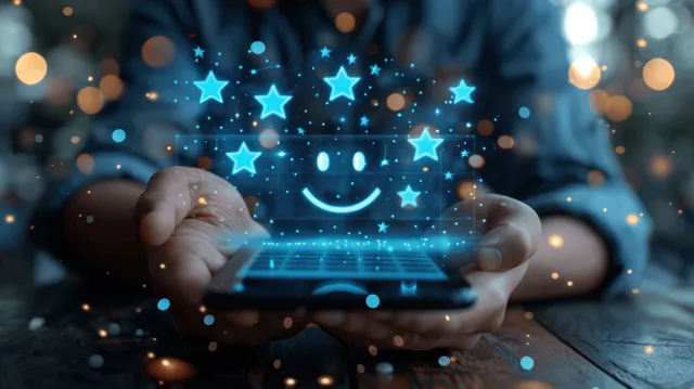 Smiling person holds a smartphone with floating star and smile icons for customer service rating.