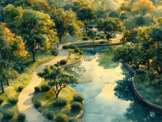 Aerial view shows a calm reservoir surrounded by lush trees and winding paths with warm golden-hour reflections.