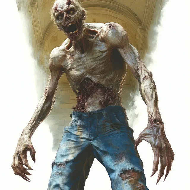 A snarling zombie with rotting skin and torn blue jeans advances down a bright arched corridor with clawed hands raised.