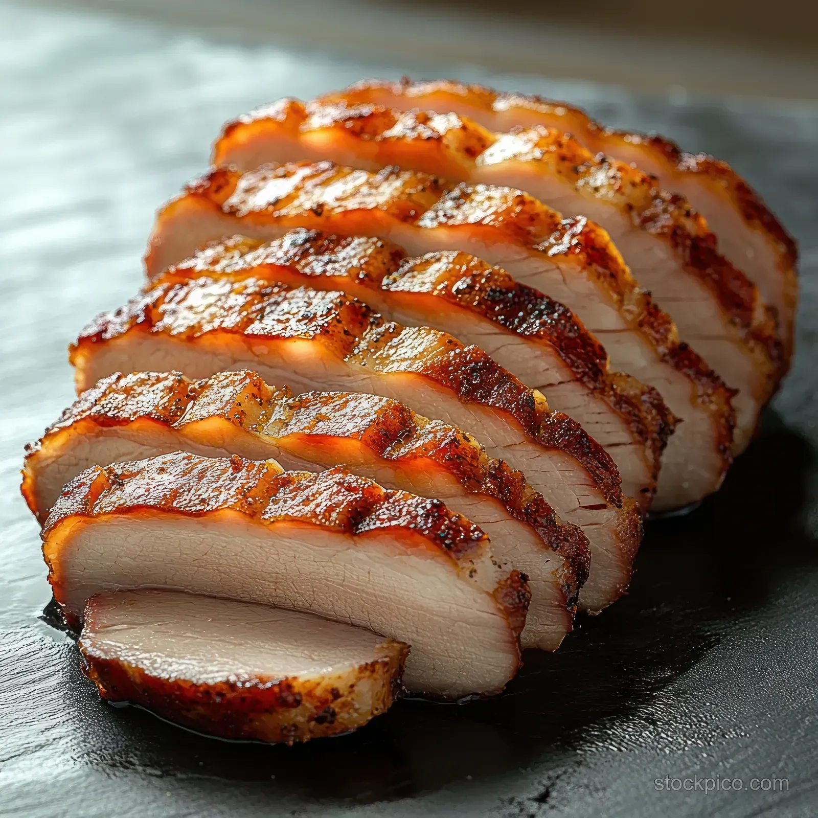 Sliced grilled chicken breast on black slate with visible charred grill marks and juicy texture.
