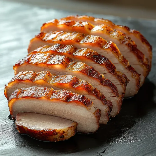 Sliced grilled chicken breast on black slate with visible charred grill marks and juicy texture.