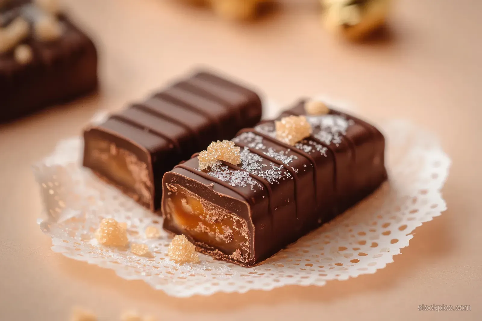 Two chocolate bars with caramel centers sit on a white lace doily with sugar crystals and candy pieces.