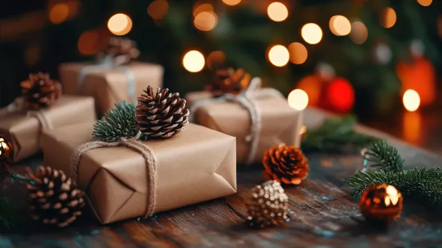 Brown paper wrapped holiday gifts with pinecones and evergreen branches on a wooden table beside warm bokeh lights.