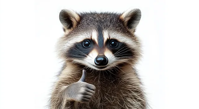 A raccoon close-up gives a thumbs up while staring at the camera against a white background.