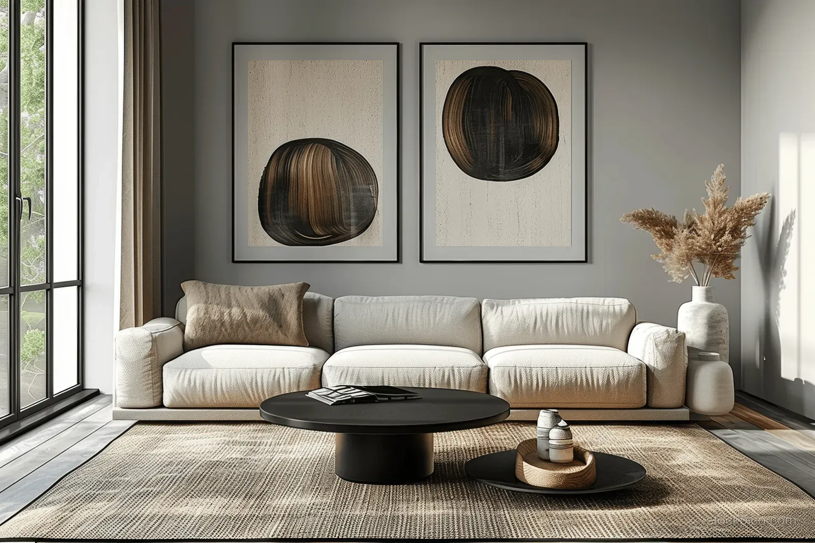 Beige sofa and black coffee table sit in a bright minimalist living room with abstract art posters and a beige rug.