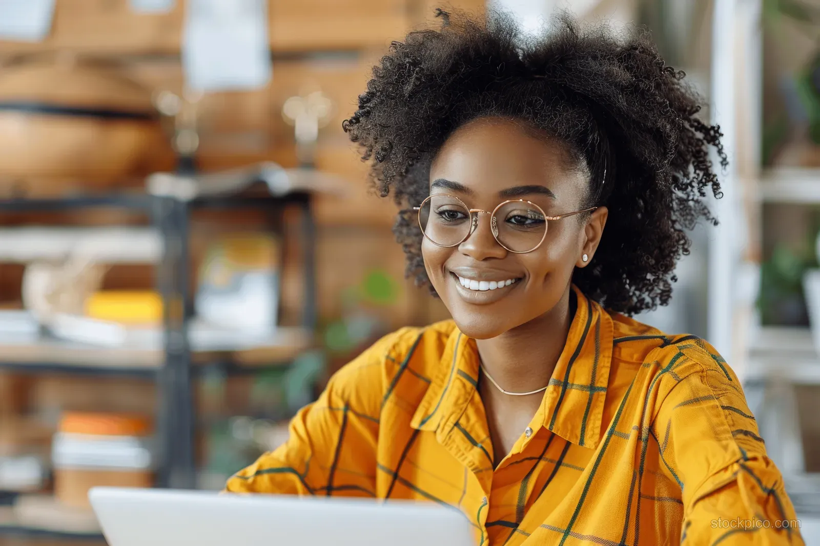 Smiling young woman with glasses writes notes beside a laptop at her desk in a bright workspace.