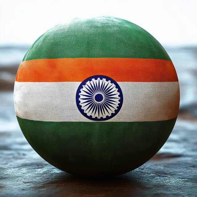 A striped soccer ball with orange, white, and green panels and a blue emblem rests on rough ground with a blurred background.