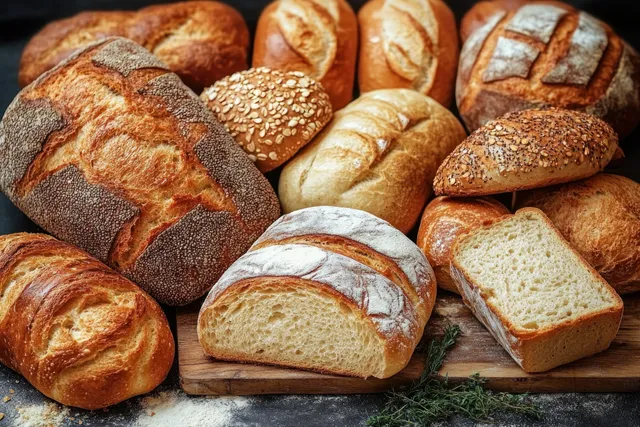 Assorted freshly baked bread loaves and rolls with golden and seeded crusts on a wooden board, with one slice shown.