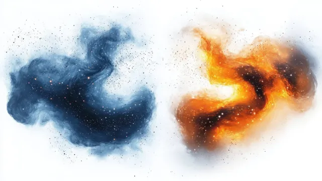 Blue and orange nebula-like clouds swirl with scattered stars and dust particles on a white background.
