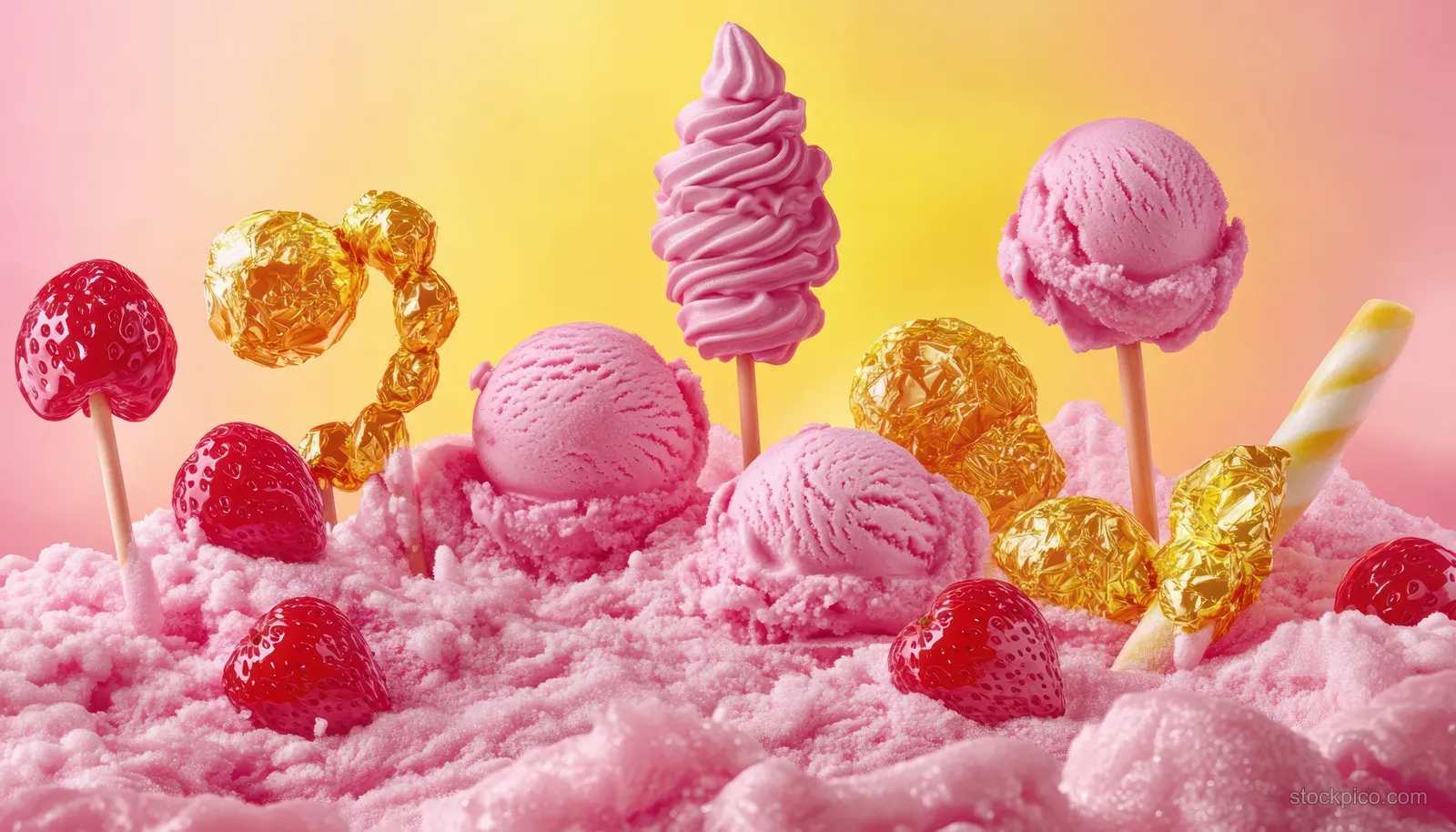 Pink cotton candy fills the scene with pink ice cream scoops, strawberry sticks, and yellow wrapped chocolates.