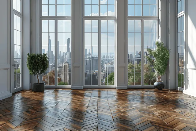 Spacious living room with floor-to-ceiling windows showing a bright city skyline