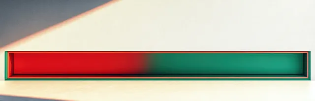 Empty beige interior wall with a shadow and a long recessed panel showing a red-to-green gradient.