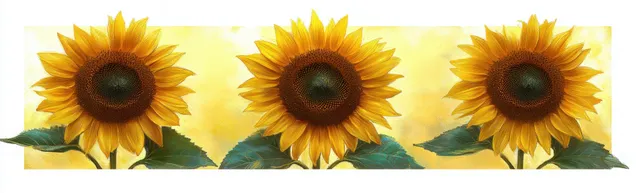 Three yellow sunflowers standing upright on a soft yellow-white background