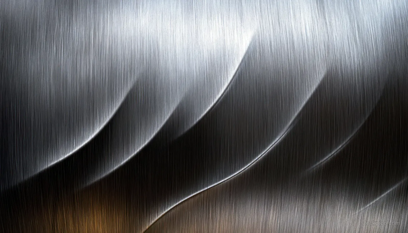 Close-up of brushed steel with curved grooves and fine reflective linear texture.
