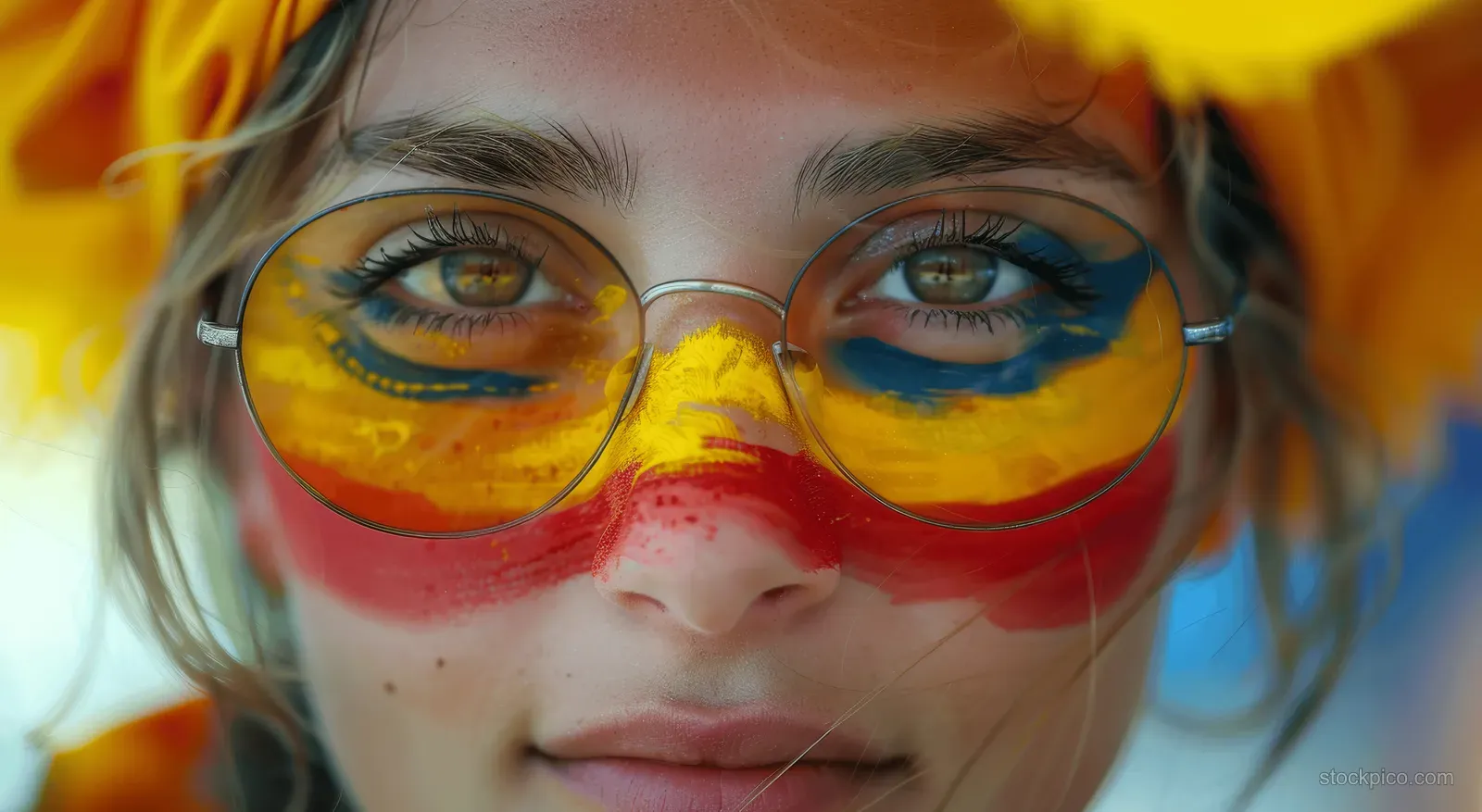 A German female soccer fan cheers in close-up with flag face paint, round glasses, and vivid red-yellow colors.