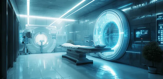 MRI scanner in a futuristic hospital room with holographic brain data displayed on glowing screens.