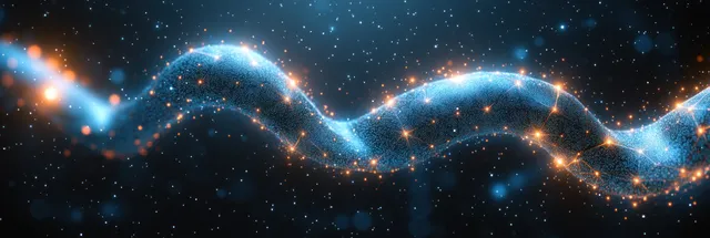 Glowing DNA helix and flowing waveform arcs over a dark futuristic background with molecular light patterns.