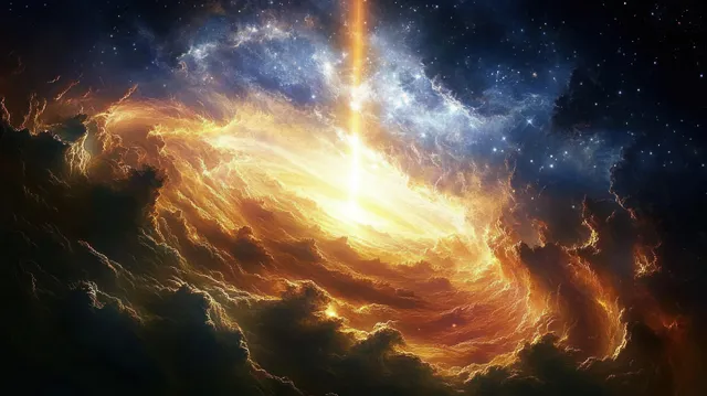 A golden light beam illuminates swirling nebulae and fiery clouds over a dense starfield like a cosmic creation scene.
