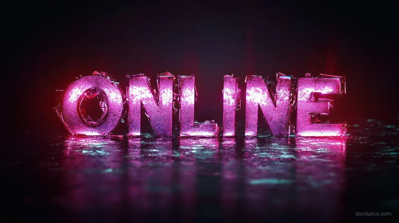 Neon pink ONLINE letters glowing on a wet reflective surface in a dark setting.
