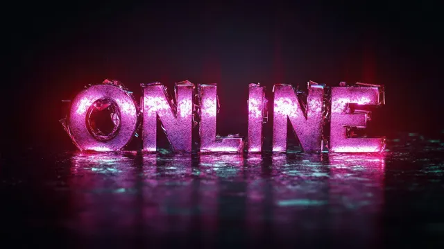 Neon pink ONLINE letters glowing on a wet reflective surface in a dark setting.