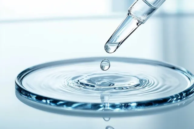 A pipette tip drops a single water droplet onto a glass dish, forming ripples and reflections.